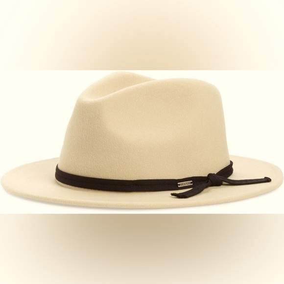 NWT BRIXTON Messer Beige Wool Felt Fedora Black Logo Hatband L